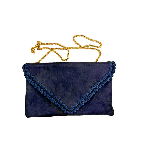 Rodo Italy Dark Navy Blue Suede Envelope Clutch Bag Gold Link Chain - Picture 1 of 5